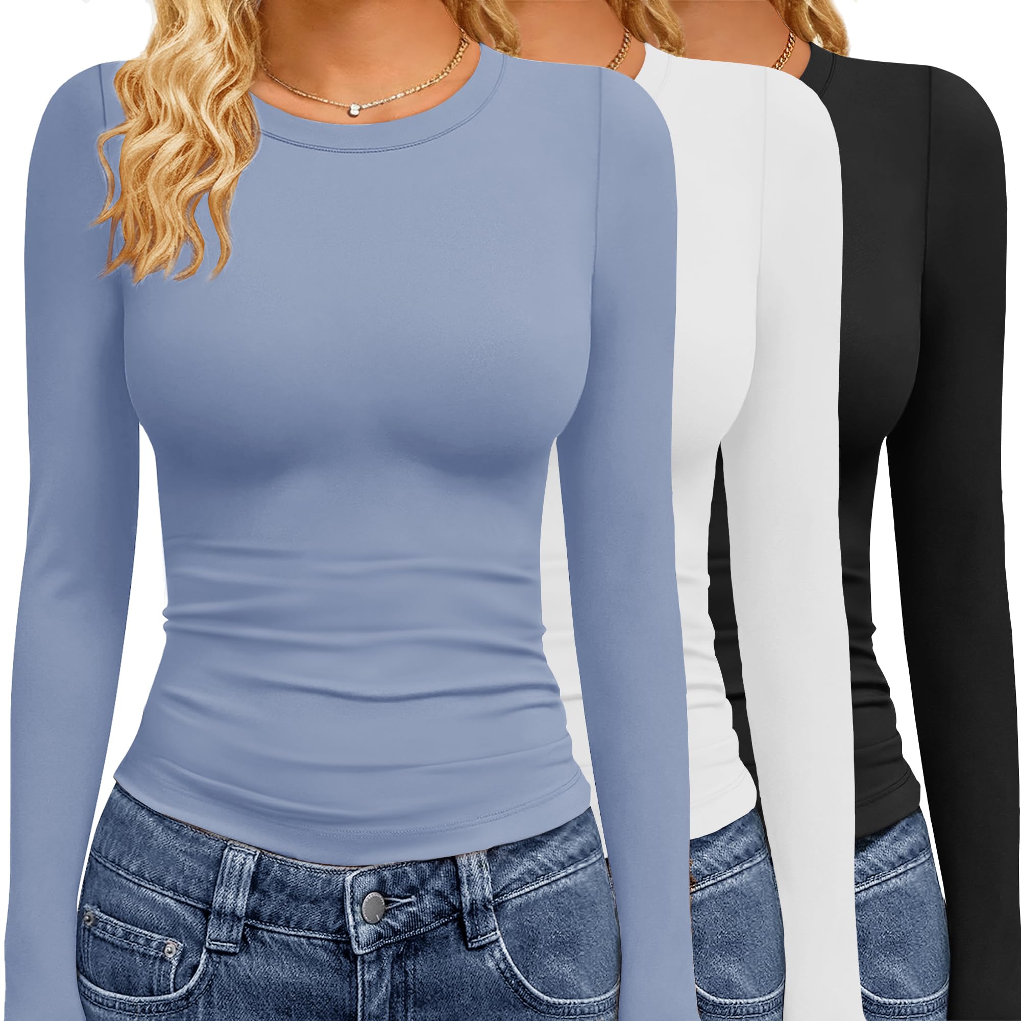 GAYHAY 3 Pack Long Sleeve Shirts for Women Basic Tops Crew Neck Fitted Tight Workout Tees Y2K Clothes Going Out Fashion 2025 Black White Haze Blue Image