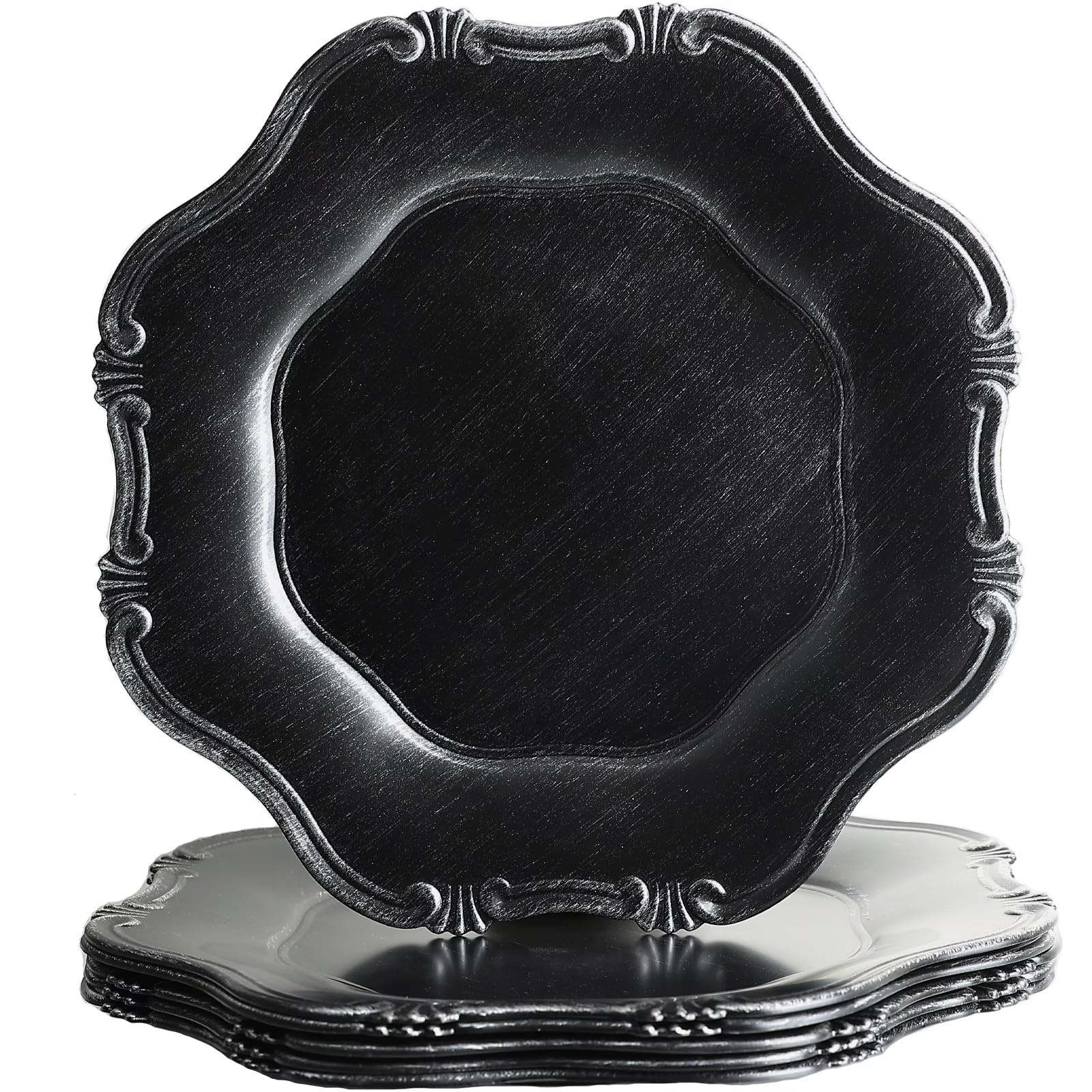 Photo 1 of Leemxiiny Black Charger Plates Set of 6, Decorative Table Plastic Chargers for Dinner Plates, Party, Wedding, Thanksgiving, Christmas, 22B