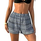 ZAFUL Women's Crochet Cover Up Shorts Stripes Boho High Waisted Bikini Bathing Suit Swimsuit Bottoms Board Shorts