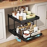 Golener 2-Tier Expandable Pull Out Cabinet Organizer - Pull-Out Drawers for Kitchen Cabinets, 2 Slide Home Storage Organizers, Slide Out Shelves for Base Cabinet Organization in Kitchen, Black Metal