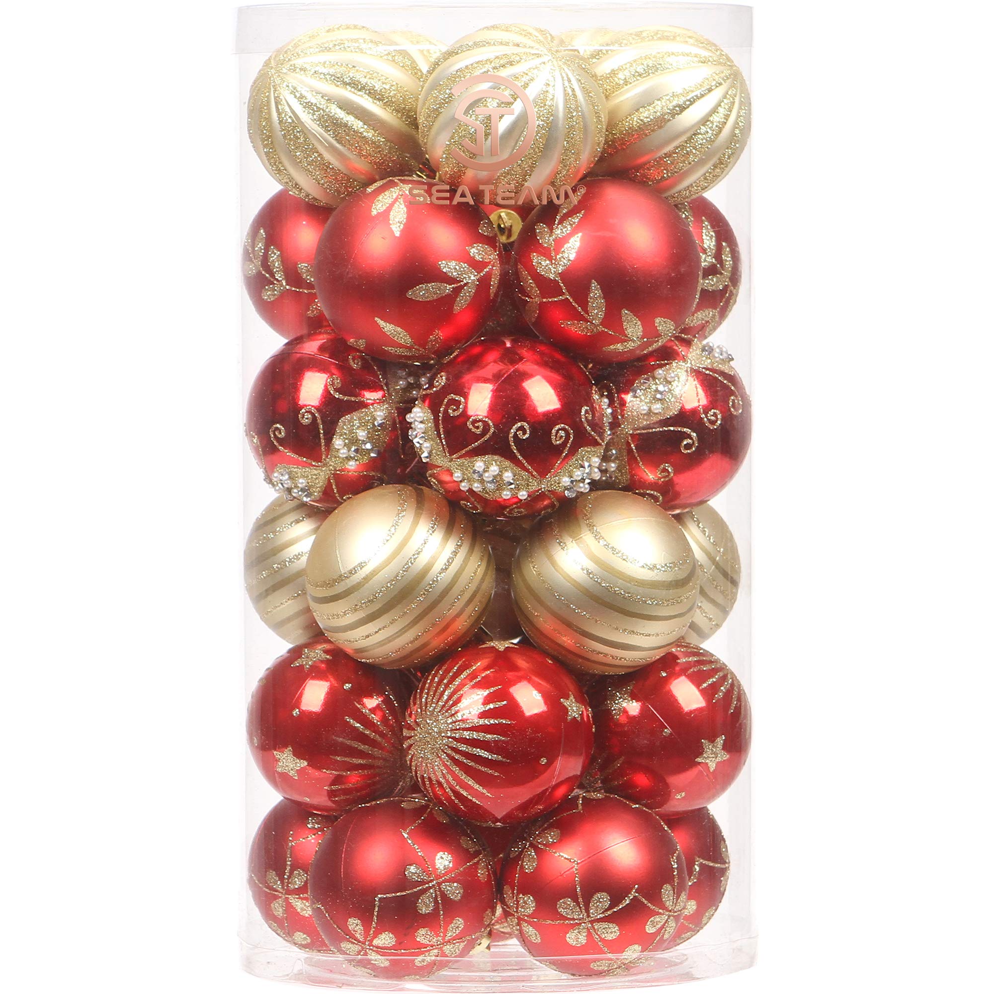Sea Team 60mm/2.36" Delicate Contrast Color Theme Painting & Glittering Christmas Tree Pendants Decorative Hanging Christmas Baubles Balls Ornaments Set - 30 Pieces (Red & Gold)