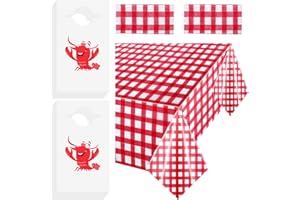 Flutesan 30 Pcs Disposable Bibs and 2 Pcs 54 x 108 Inch Plastic Red Gingham Checkered Tablecloths Crawfish Boil Accessories Set for Seafood Party Supplies