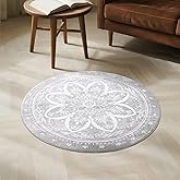 Carvapet 2ft Small Round Rugs - 24 inch/61 cm Washable Vintage Non-Slip Circle Rug with Rubber Backing Foldable Low Pile Design for Entryway Living Room Bedroom, Grey Rug