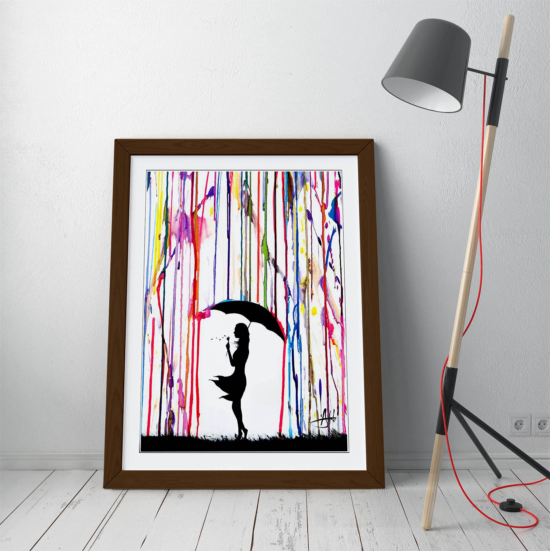 CanvasArtShop BANKSY UMBRELLA GIRL - PREMIUM WALL ART FRAMED PICTURE PRINT A3 WALNUT