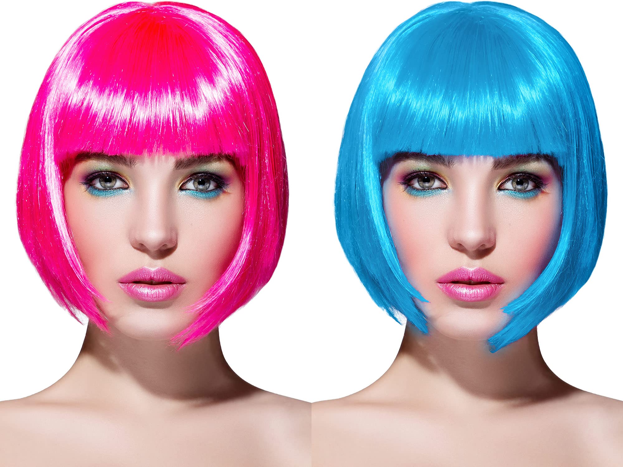Photo 1 of 2 Pieces Short Bob Hair Wigs Colorful Cosplay Costume Wig Party Hairpiece for Women Girls Daily(Pink, Blue)