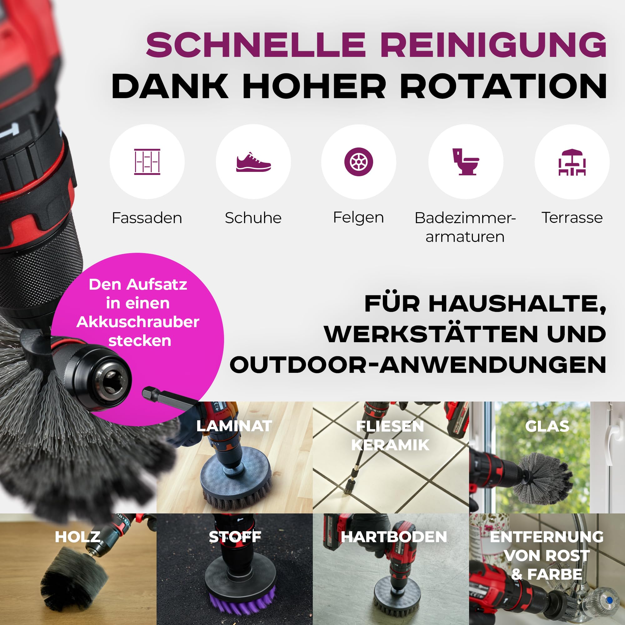 Bürstenaufsatz für Akkuschrauber 10-teilig – Drill Brush Reinigungsbürste – Bad, Küche, Auto, Fliesen, und mehr. I Reinigungsbürste Akkuschrauber I Bürstenaufsatz Bohrmaschine MONDOASE 5