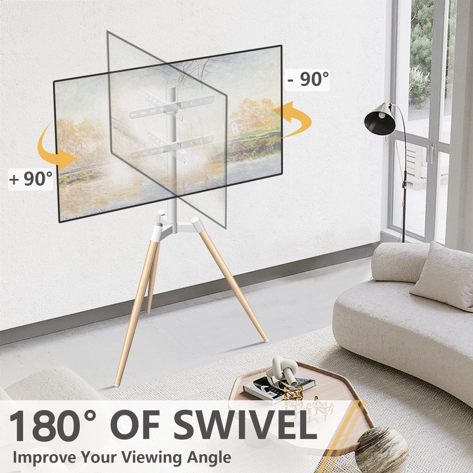 TVON Tripod Easel TV Stand for 37–65 Inch LED LCD Flat/Curved Screen TVs up to 77 lbs, Height Adjustable Corner TV Stand with Cable Management and 180° Swivel for Bedroom, Living Room, Studio, White