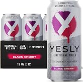 Yesly Functional Water, Black Cherry, Naturally Flavored Still Water with Electrolytes, Magnesium, Potassium, Vitamin C, B6 &amp; B12, Zero Sugar, No Artificial Sweeteners, 16 Fl Oz Cans, 12 Pack