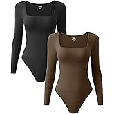 OQQ Women's 2 Piece Bodysuits Sexy Ribbed One Piece Square Neck Long Sleeve Tops