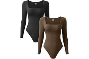 OQQ Women's 2 Piece Bodysuits Sexy Ribbed One Piece Square Neck Long Sleeve Tops