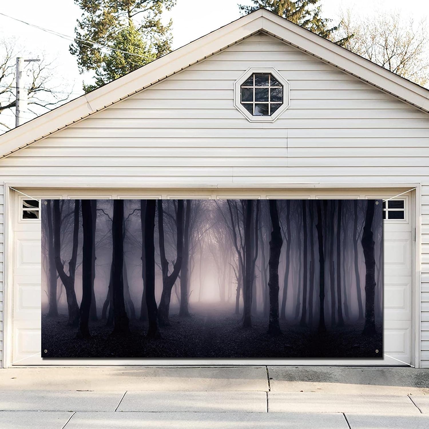 Garage Door Decorations - Happy Halloween Garage Door Banner 6x13Ft Large Scary Spooky Forest Cover Backdrop Halloween Scary Party Banner Baby Shower Decoration Holiday Background Sign Indoor Outdoor Wall Door House Decor