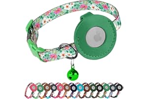 BUDKAS Airtag Cat Collar with Bell - Non Breakaway Soft Pet Collar with Leather Air Tag Holder - Adjustable GPS Anti-Lost Collars for Girl Boy Cats Kitten Puppies, Lightweight and Patterned (Floral Green)