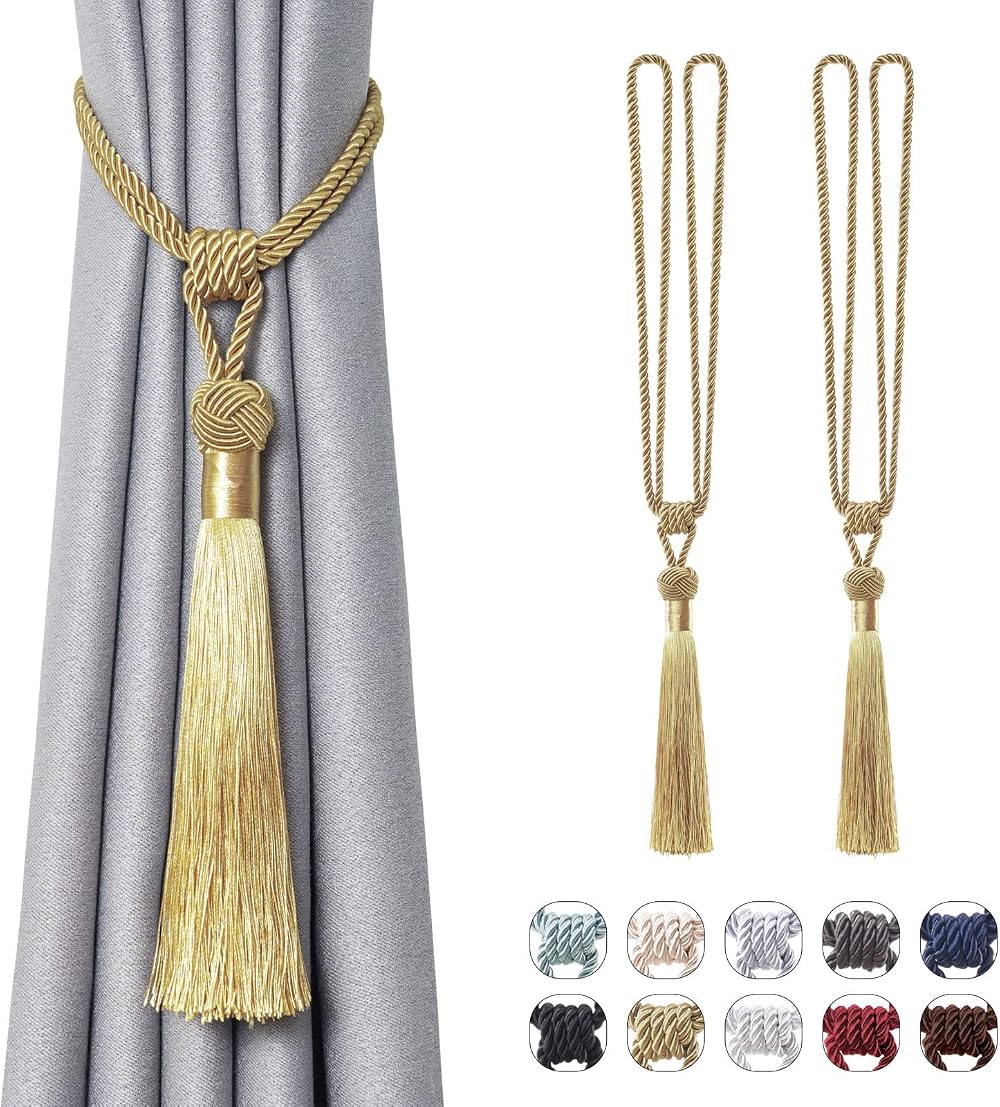 Pretty Jolly 2 Pack Long Tassel Curtain Tiebacks Gold Handmade Braided Rope