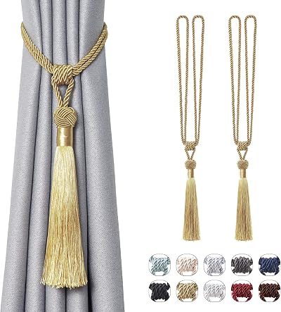 Pretty Jolly 2 Pack Long Tassel Curtain Tiebacks Gold Handmade Braided Rope