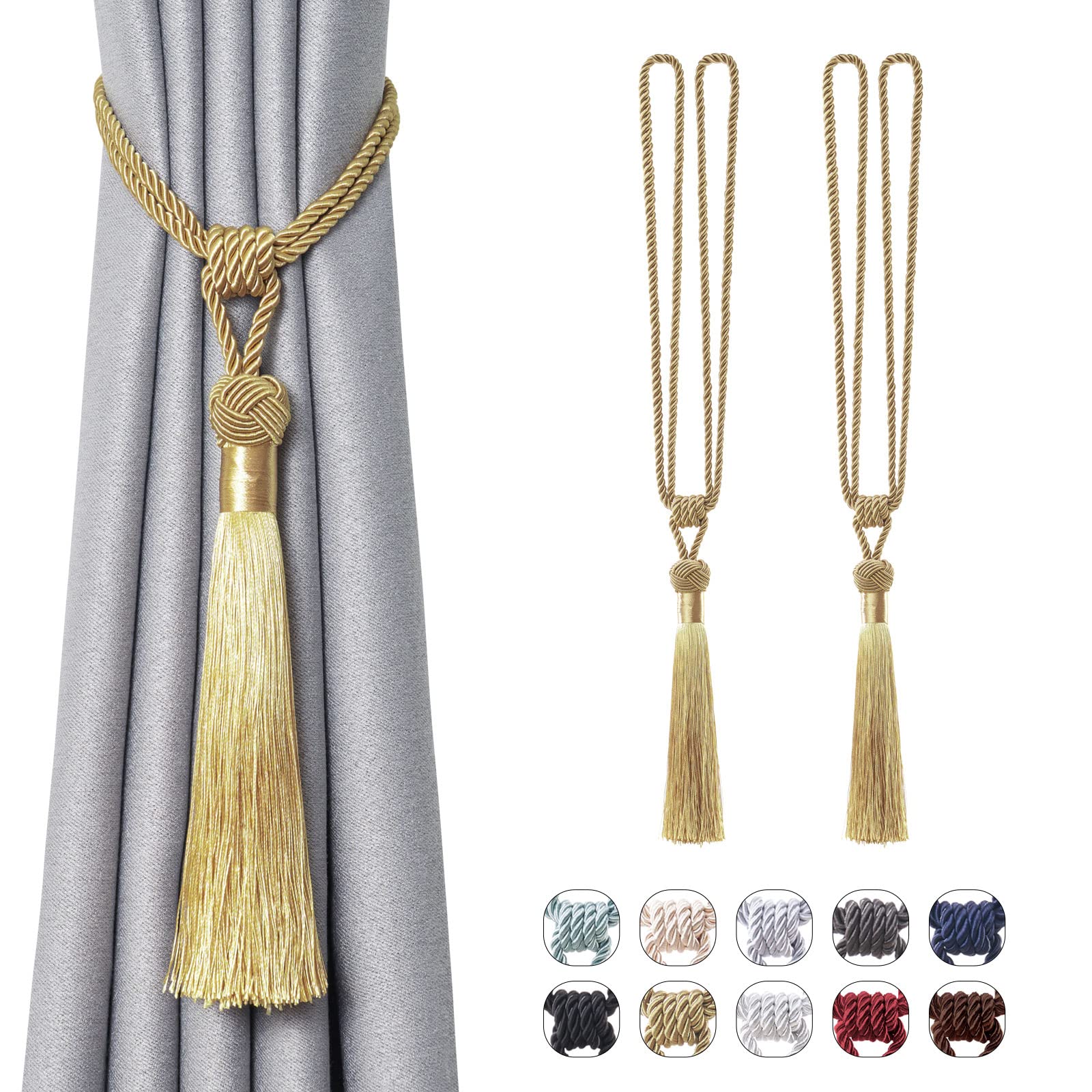 Pretty Jolly 2 Pack Long Tassel Curtain Tiebacks Handmade Braided Rope Knot Drape Tie Backs European Style Decorative Curtain Holdbacks for Home & Office Window Drapery (Gold) โ image 1
