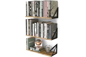 Wallniture Minori Floating Shelves Set of 3, Small Bookshelf Unit for Living Room, Office, and Bedroom, Natural Burned Rustic Wood Wall Decor with Metal Floating Shelf Bracket 6D x 17W x 5.5H in