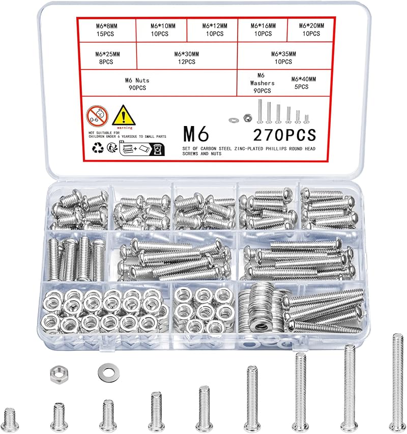 Vwoqiy 270 Pcs M6 Screws Nuts Washers Set Galvanized Pan Head Cross