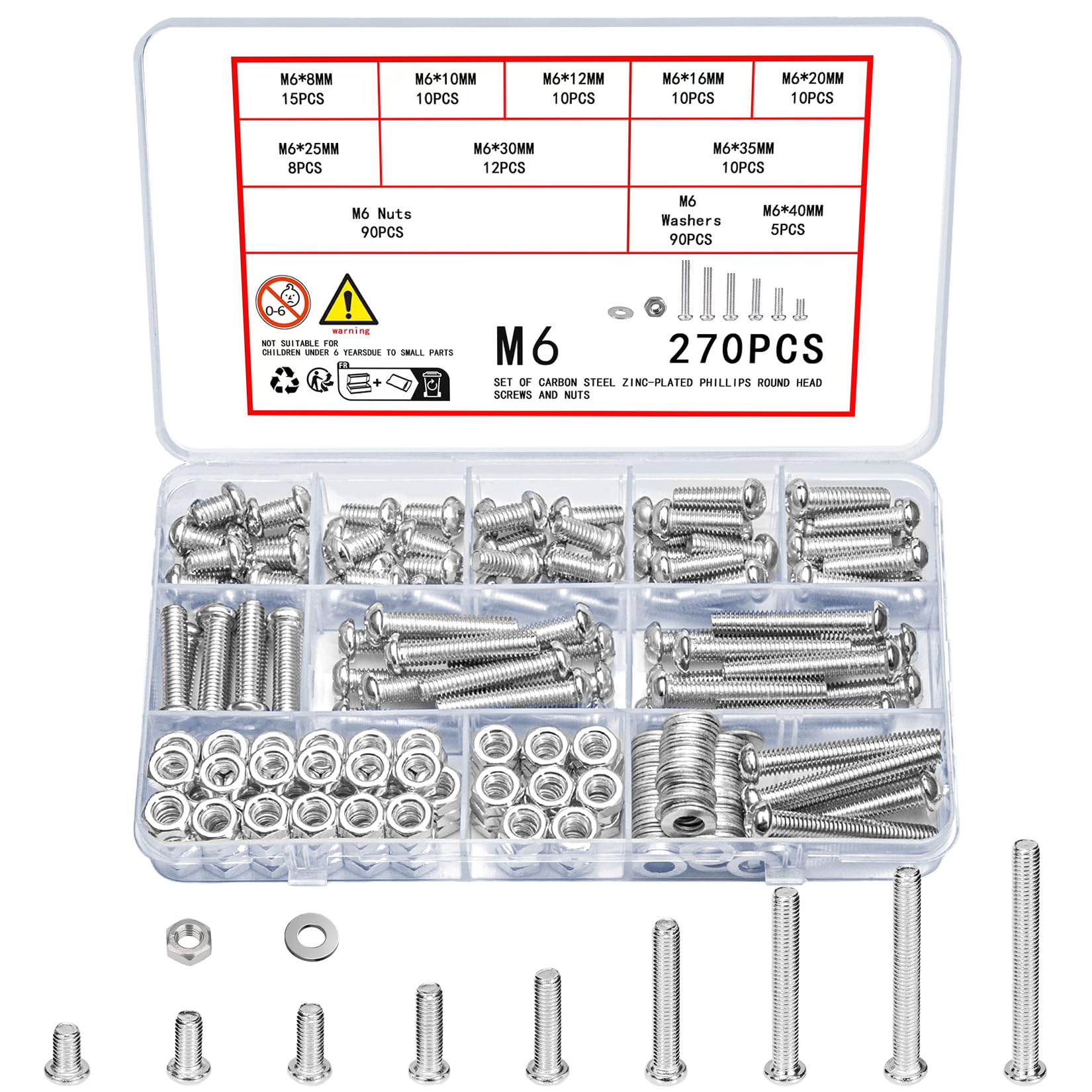 Vwoqiy 270 Pcs M6 Screws Set, Pan Head Machine Screws Bolts and Nuts and Washers Assortment Kit, Assorted Galvanized Round Head Cross Pan Head Screws Bolts and Nuts Sets (silvery 270) — image 1