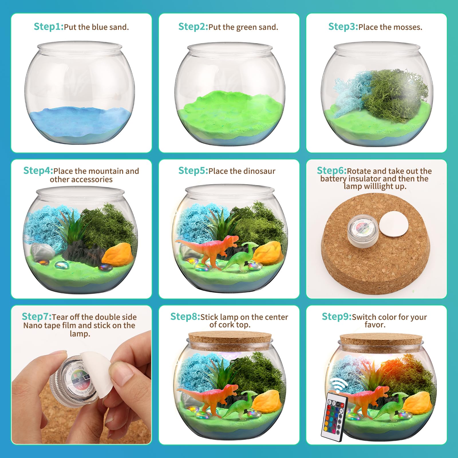 Dinosaur Terrarium Kit, Light Up Terrarium Kit Kids Crafts Toys, DIY Dino Arts and Crafts for Kids Ages 4 5 6 7 8-12 Years Old, Dinosaur Present for Boys Girls, Ideal Birthday Ideas