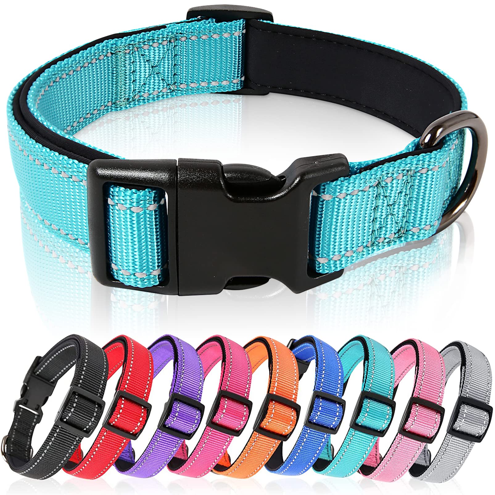 HEELE Dog Collar, Reflective Dog Collar, Soft Neoprene Padded Breathable Nylon Pet Collar Adjustable for Large Dogs, Lightweight Walking and Training Pet Collar, Sky-Blue, L(40-66cm)