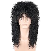 LeMarnia 80s Wigs for Men Black Long Wavy Mullet Wigs for Women Heavy Metal Rocker Wig Halloween Costume Party Wig
