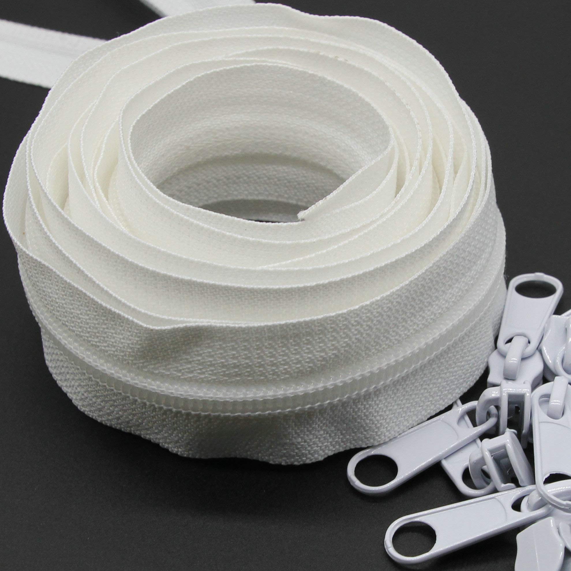 #5 White Nylon Coil Sewing Zippers by The Yard Bulk 10 Yards With 25pcs Sliders for DIY Tailor Sewing Craft, Luggage, Dress, Sofa Cushion, Pillow, Bag Leekayer