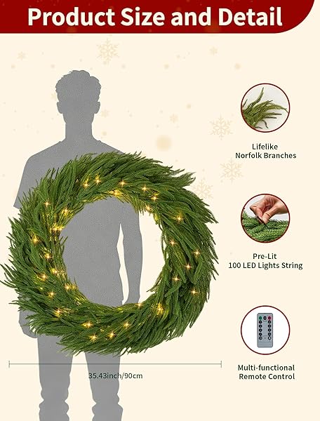 NUPTIO LARGE CHRISTMAS WREATH WITH LIGHTS: 36 INCH PRELIT REAL TOUCH NORFOLK PINE WREATHS WITH HOOK FOR OUTDOOR FRONT DOOR – REALISTIC XMAS DECORATIONS 100 LED 8-MODE WITH REMOTE TIMER FOR HOLIDAY