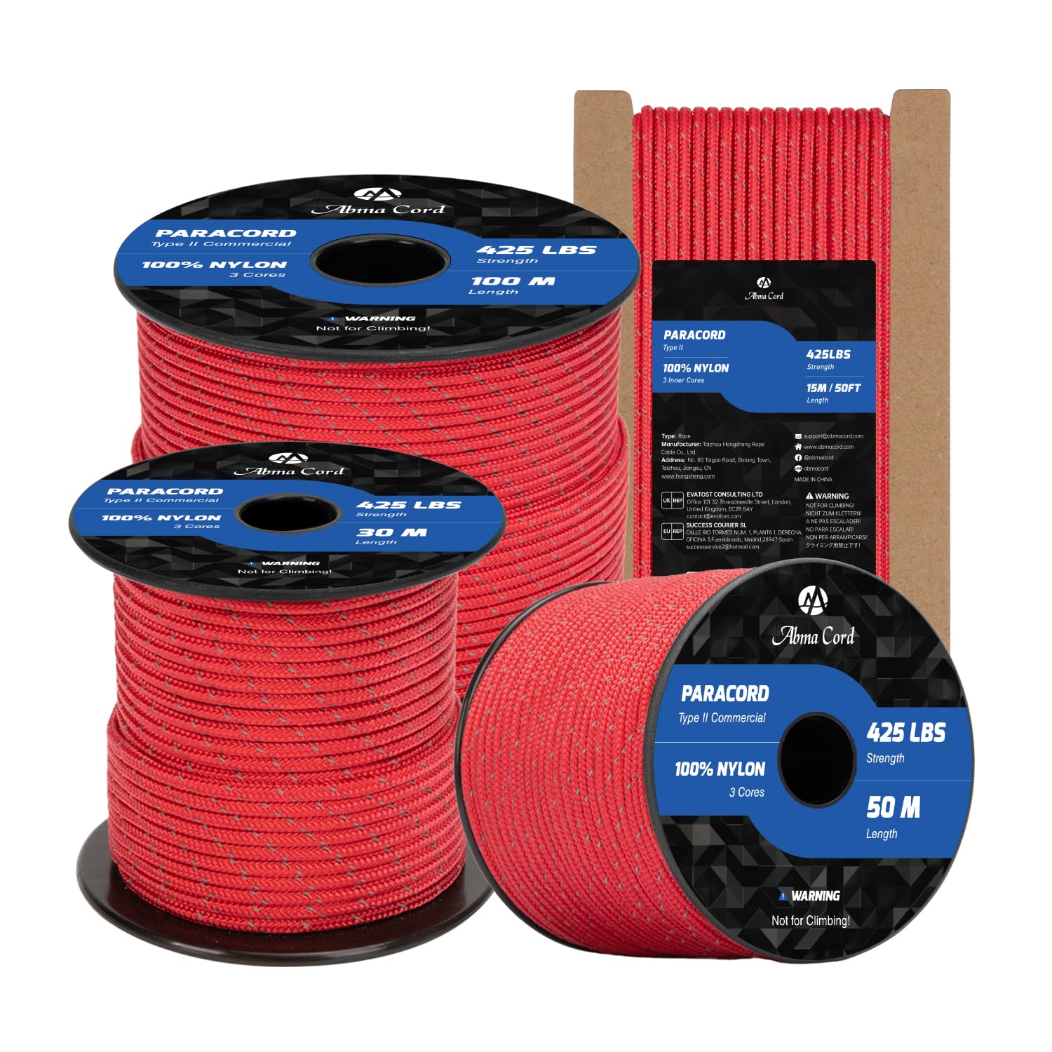 Abma Cord Paracord 3mm 30m 100% Nylon Rope Type II 3 Strands Parachute Cord - Max. 192kg (425lbs) - Reflective Red