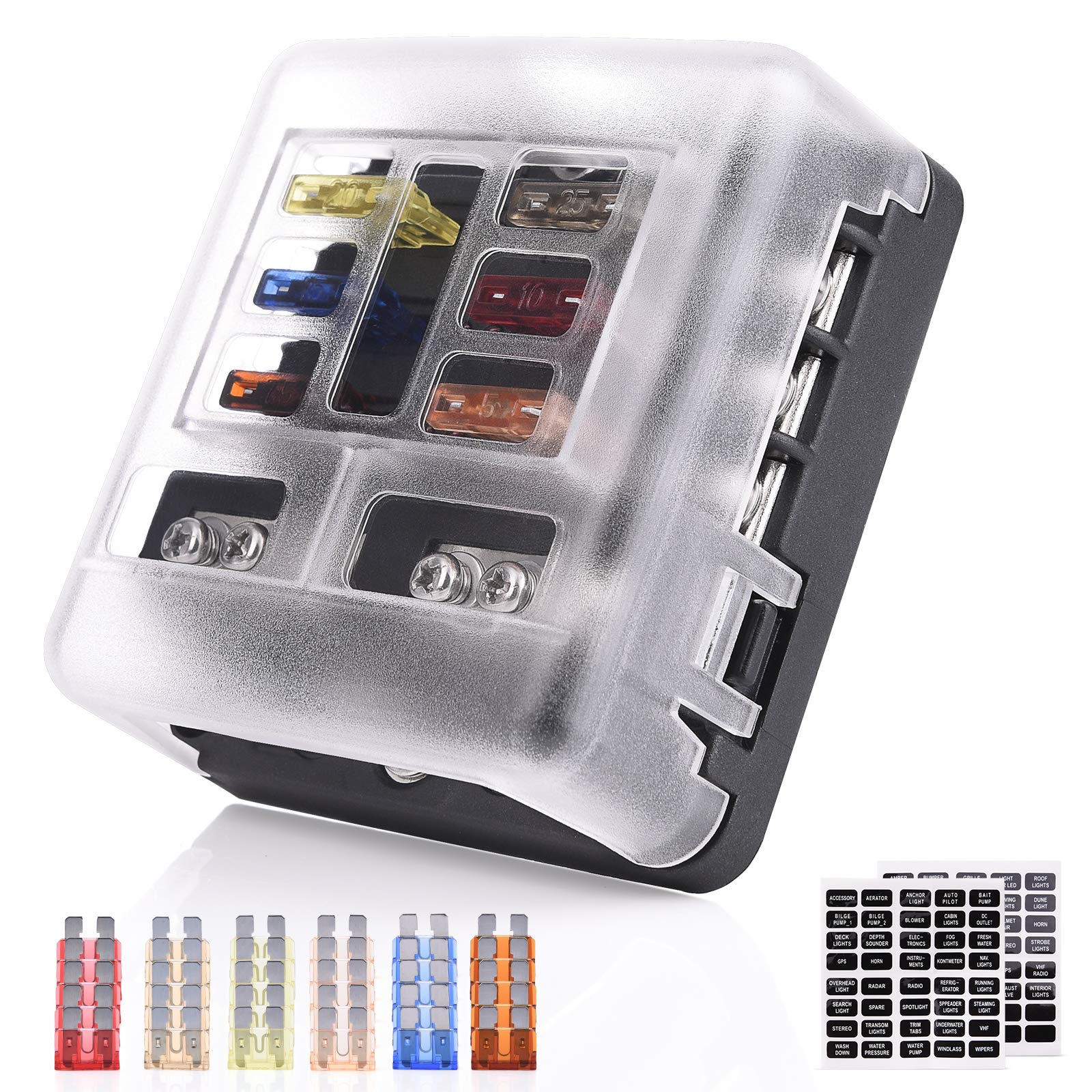 MICTUNING 6-Way Fuse Block Holder-Blade Fuse Box Screw Nut Terminal with Negative Bus,7.5A 5A 10A 15A 20A 25A Fuses,LED Indicator,Sticker Labels for Automotive Car Marine Box