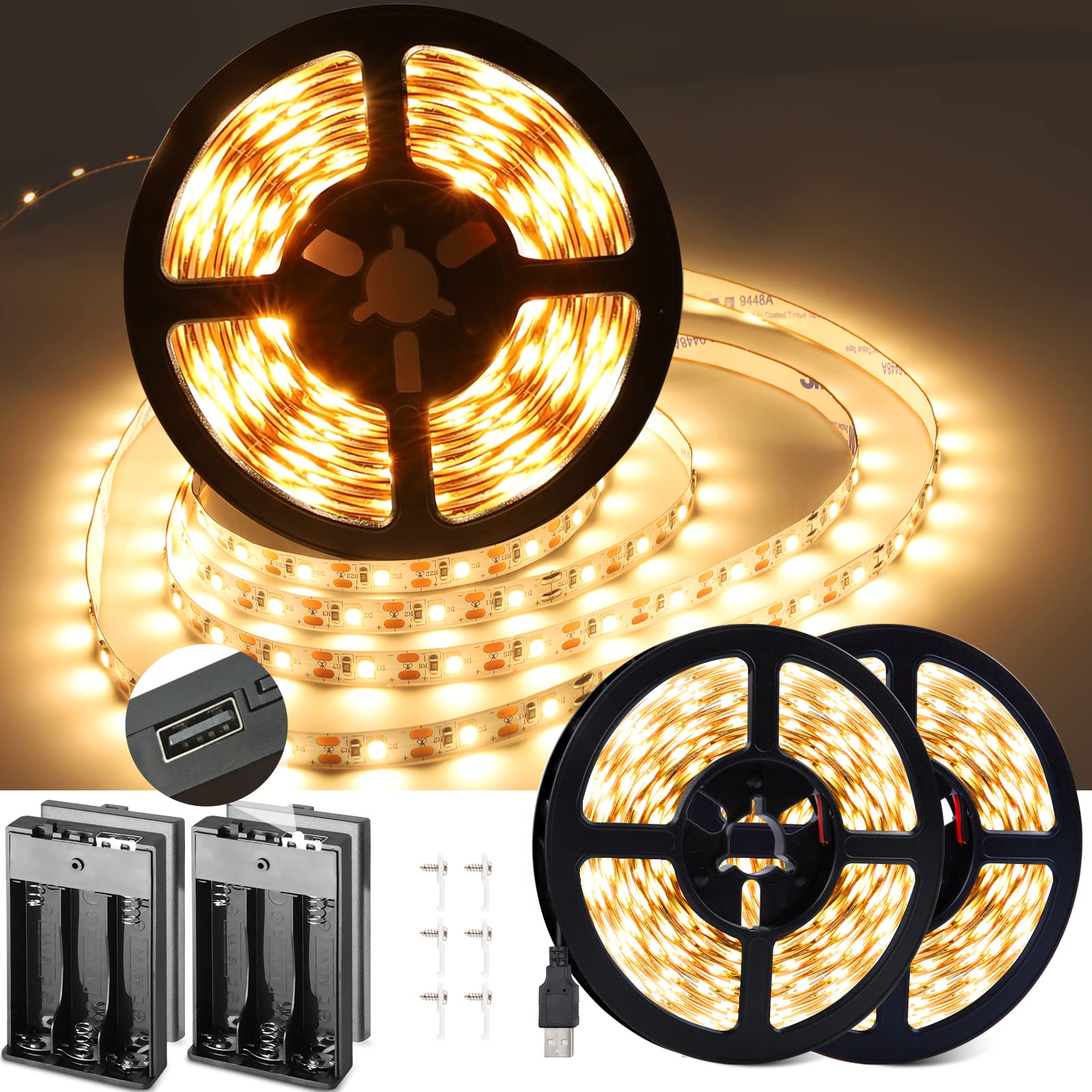 Photo 1 of NEWREACH USB Warm LED Strip Lights with Battery Box, 16.4ft Warm White LED Light Strip 3000K for Under Bed, Tape Lights Under Cabinet, Kitchen, Bedroom, Christmas, Party, 8.2ft x 2pcs