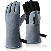 OZERO 932°F Heat Resistant Mig/Stick Welding Gloves 14 inches Cowhide Leather - Long Sleeve and Insulated Lining Barbecue Glove for Tig Welder/Grilling/Oven/Stove Black-gray
