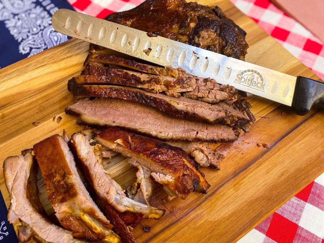 SpitJack BBQ Smoked Brisket Knife for Meat Carving and Slicing - Stainless Steel, Granton Edge, 11 Inch Blade: Kitchen & Dining