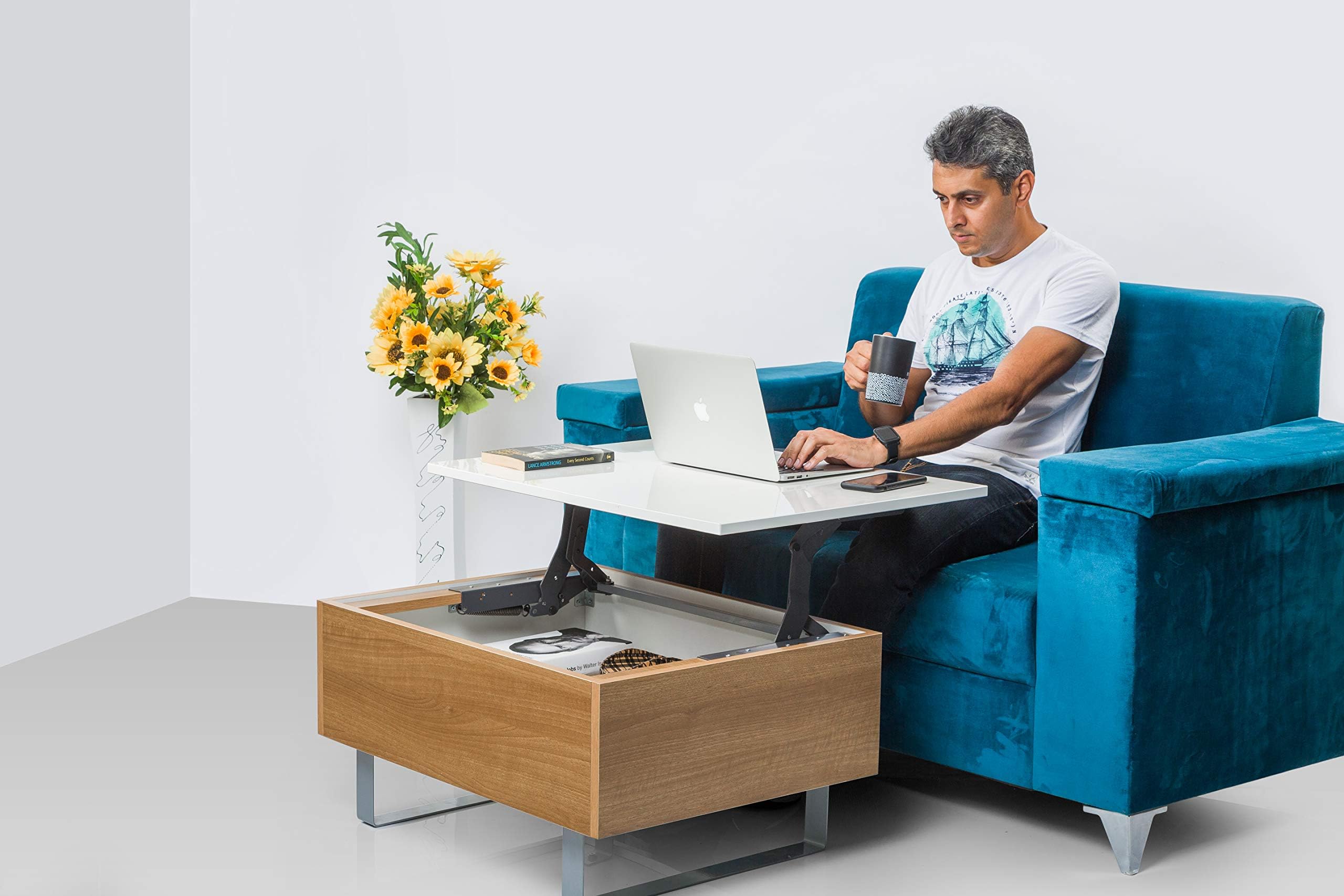 InvisibleBed Coffee Table with Storage and Lift up Tabletop(Dessert Walnut)