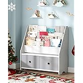 CHOEZON Kids Bookshelf and Toy Storage, 4 Tier Large Capacity Kids Book Rack, Sling Kid Bookcase, for Kids Room, Nursery, Playroom, White and Gray MCW06WT