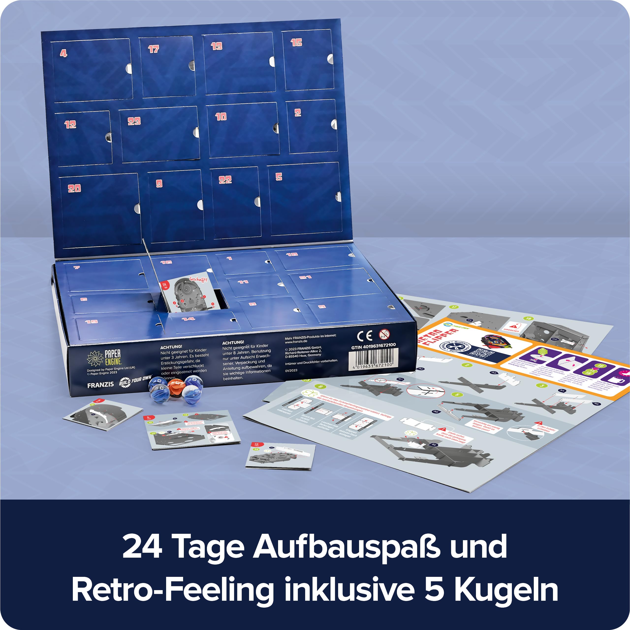 FRANZIS 67210 - Retro Flipper Adventskalender, In 24 Tagen zum eigenen, voll funktionsfähigen Flipper-Automaten, plastikfrei, für Kinder ab 8 Jahren 6