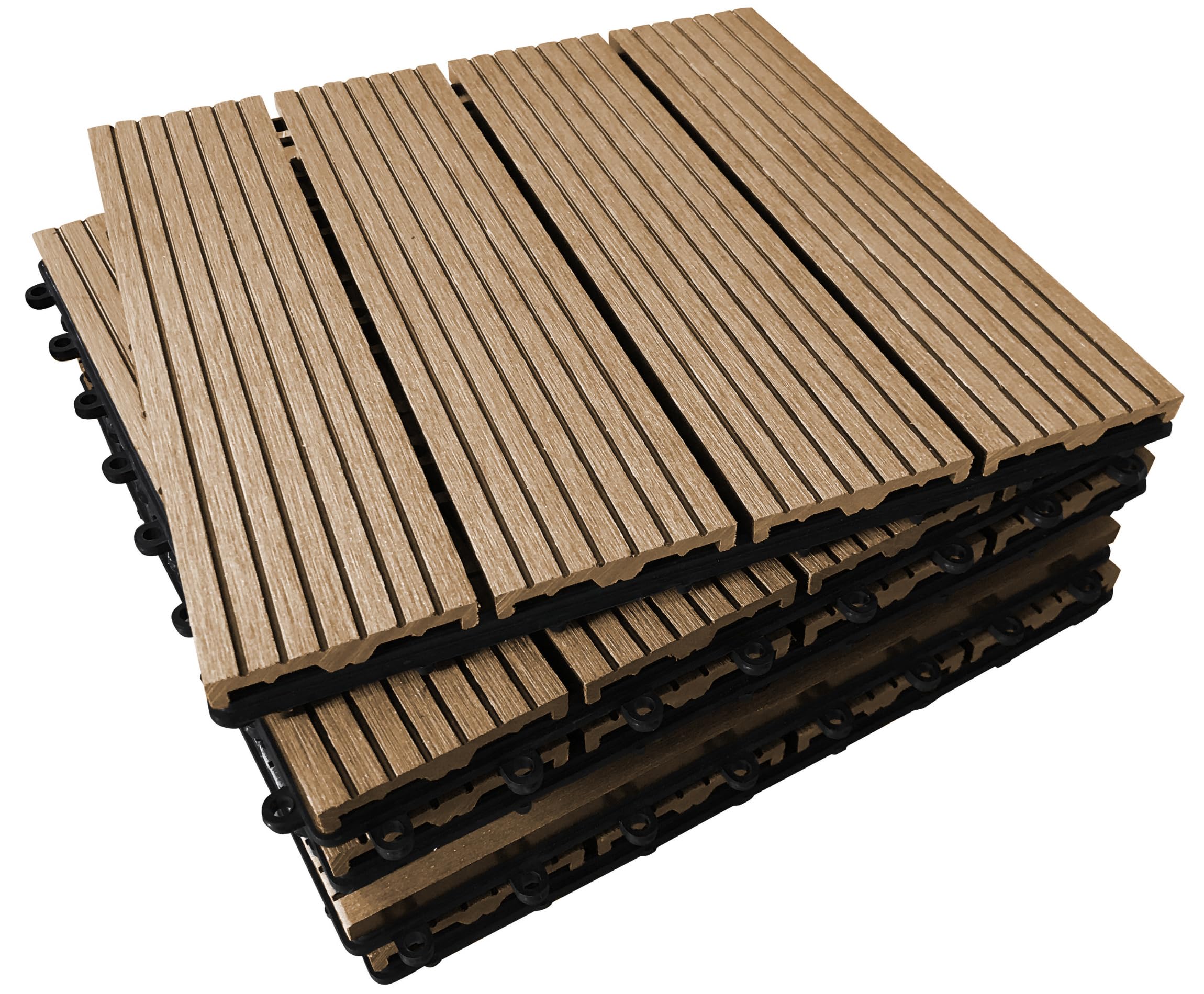 CLICK-DECK Composite Decking Tiles 30x30cm Interlocking Outdoor Deck Tiles | Patio, Balcony, Roof Terrace & Hot Tub | Easy Tool-Free Installation | Low Maintenance, Weather-Resistant (36 Tiles, Teak)