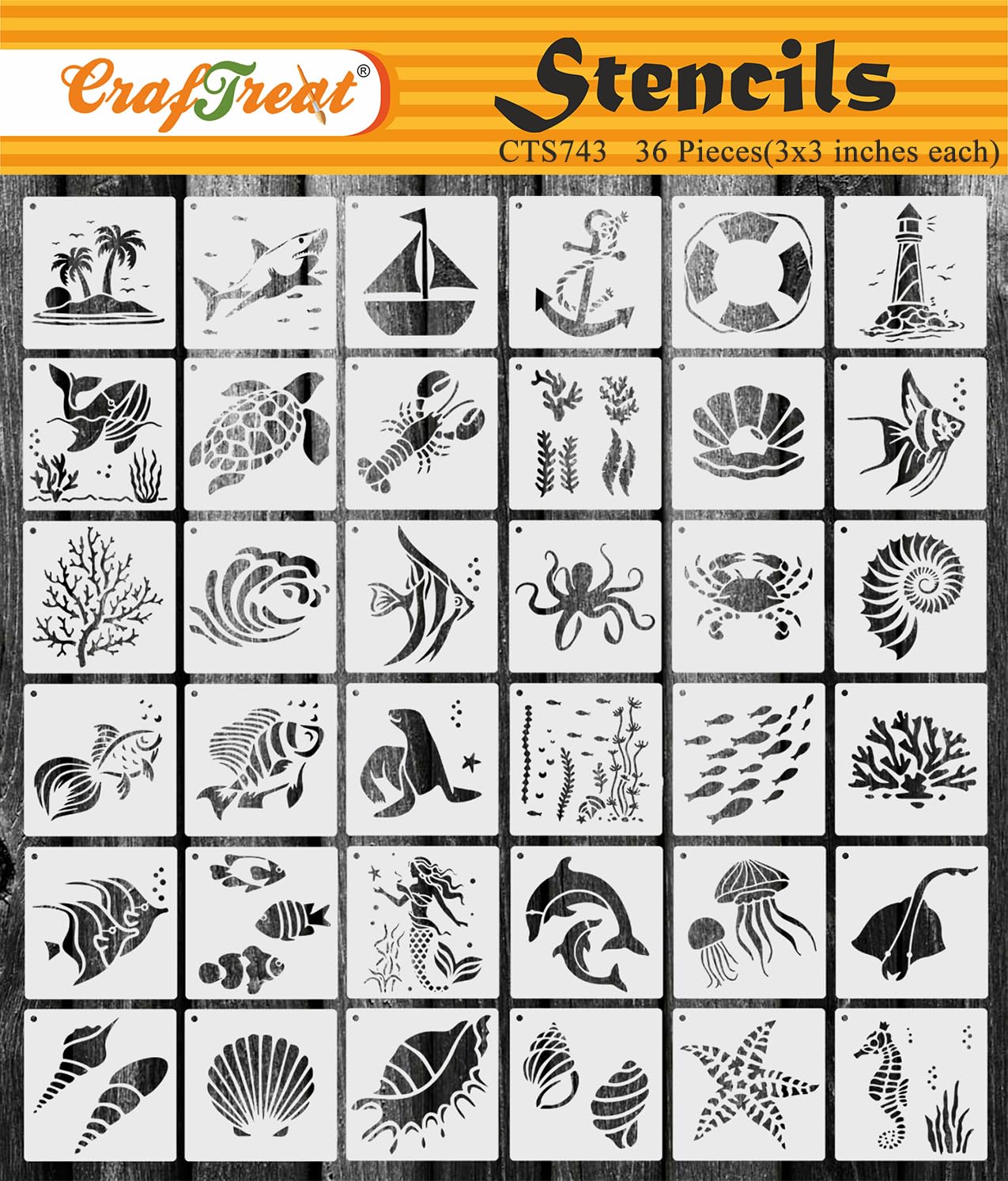 CrafTreat Reusable Sea Animals Set Stencils 3X3 Inch (36pcs) for Painting on Wood, Canvas, Paper, Fabric, Floor, Wall, Tile, DIY Art and Craft - Sea Animal Stencils