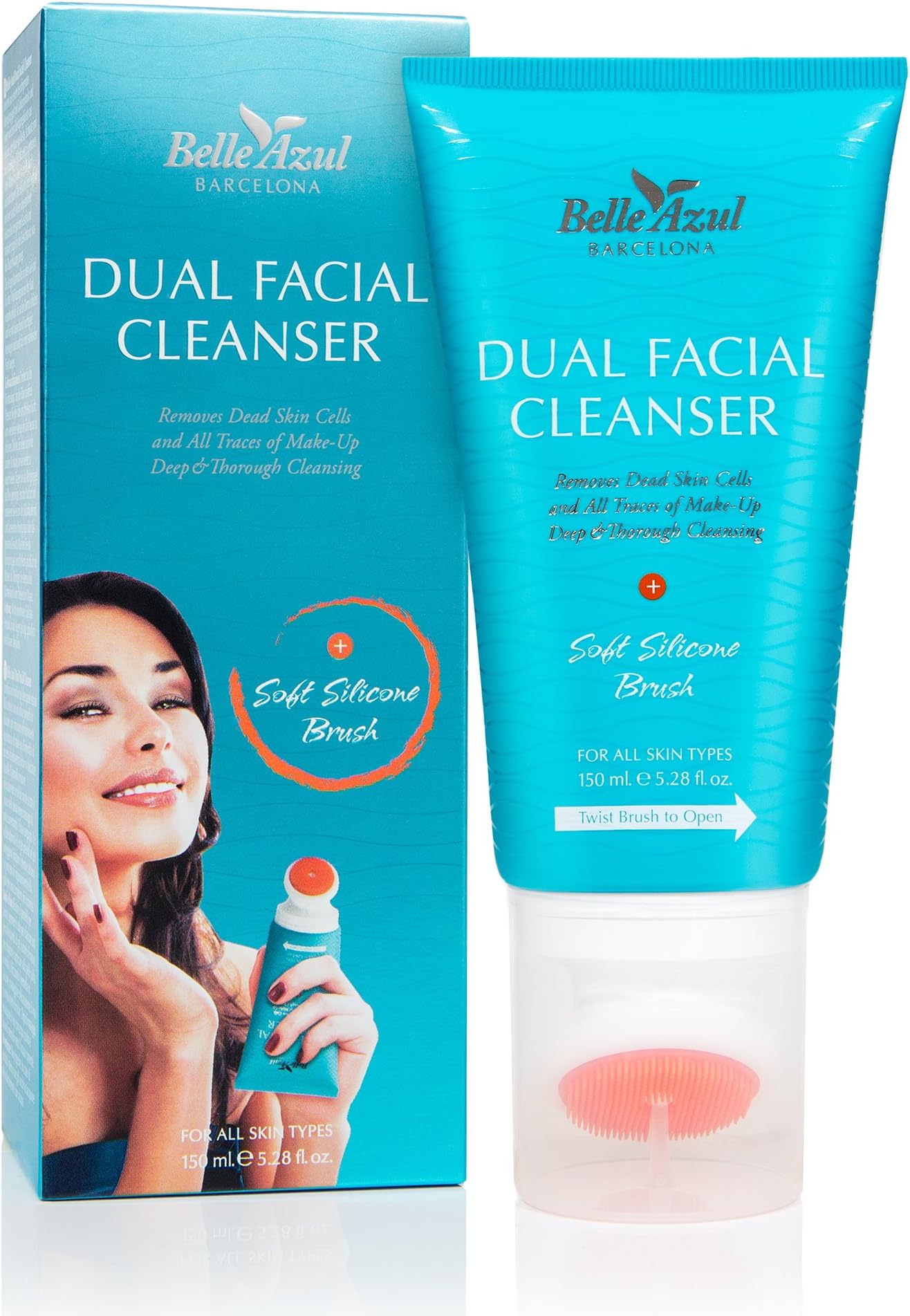 Belle Azul Dual Facial Cleanser - Cleanses and Exfoliates - Removes blackheads - Freshens and Revitalizes the skin - Includes a silicone applicator brush / 150 ml - Made in Spain