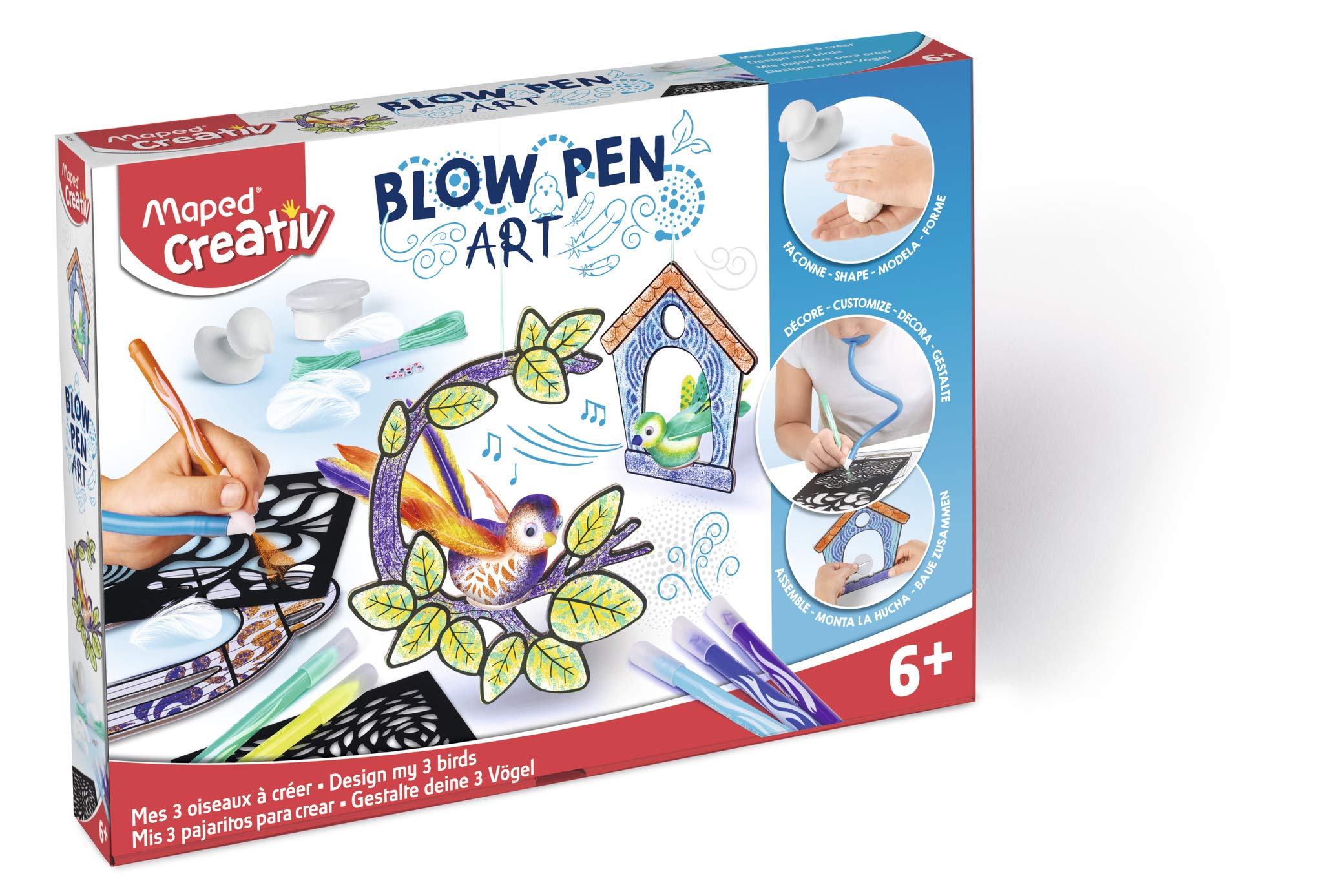 Maped - Creativ-846716 Blowpen Art-Mes 3 Birds and Nesting Boxes to Create-Assemble, Front and Decorate-Activity for Children 6 Years Onwards