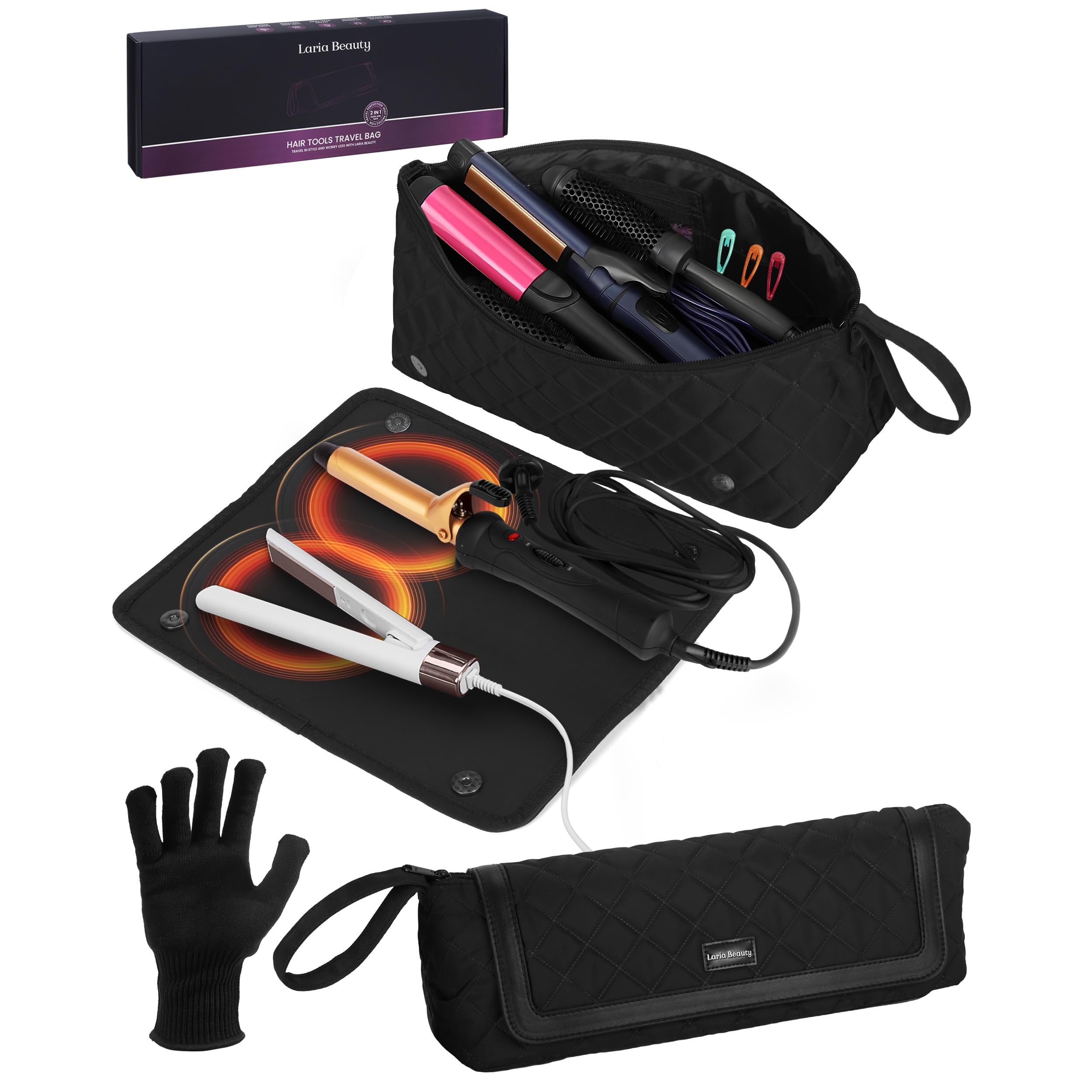 Photo 1 of 2-in-1 Hot Hair Tools Travel Bag, Removable Heat-Resistant Silicone Mat, Clear Pockets for Accessories, Protects Surfaces from Burns, Ideal for Curling & Flat Irons, Includes Heat-Resistant Glove