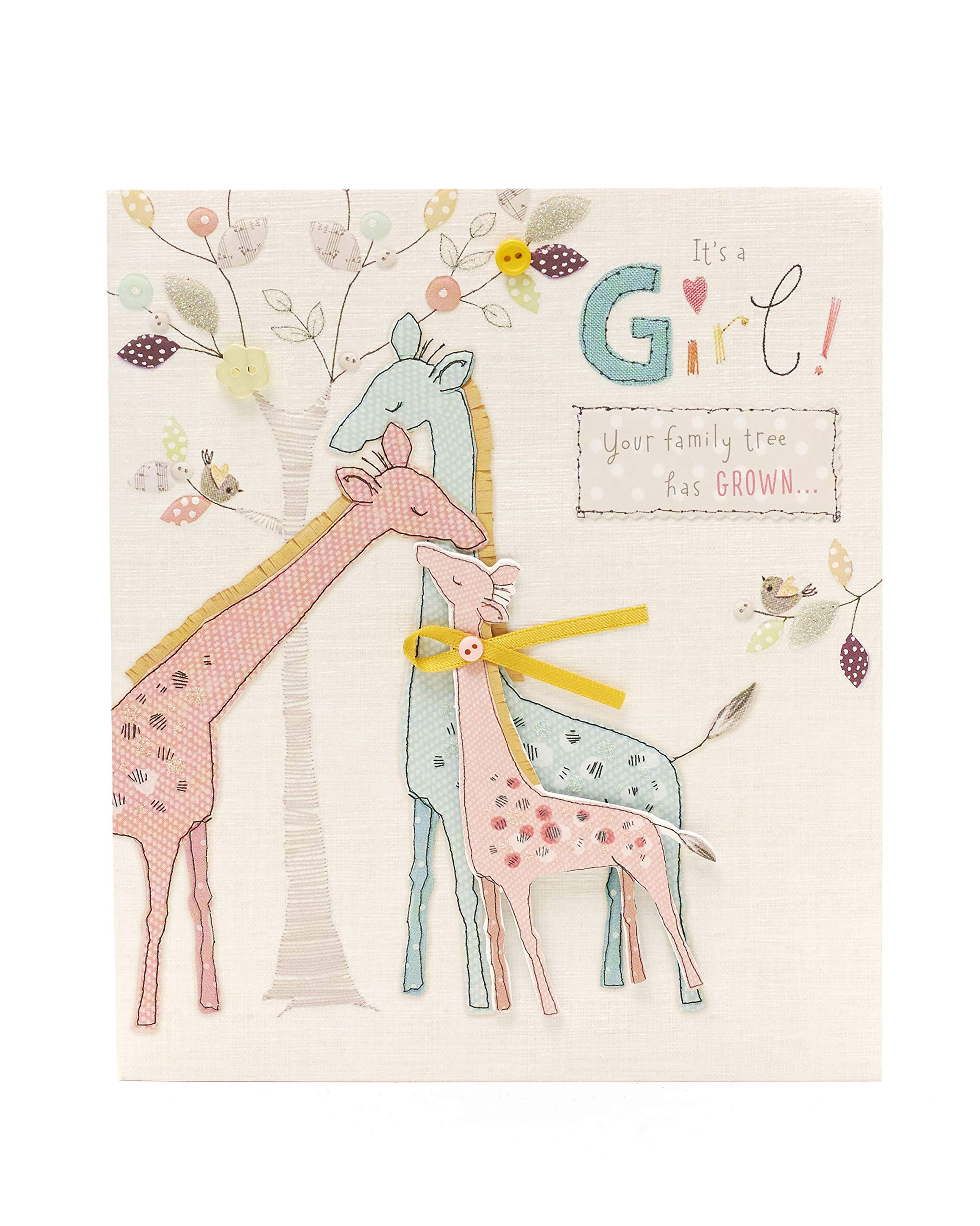 New Baby Girl Card - Congratulations Baby Card - Adorable Embroidery Giraffe Design