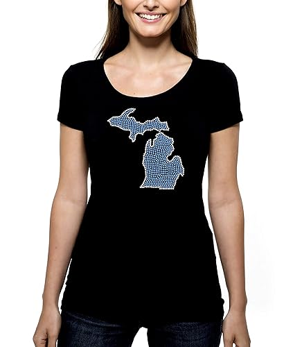 Amazon Com Michigan Rhinestone T Shirt Shirt Tee Bling Pick Rhinestone Color State Outline Mi Upper Lower Peninsula Map Lakes Mich Pick Shirt Style Scoop Neck V Neck Crew Neck Handmade