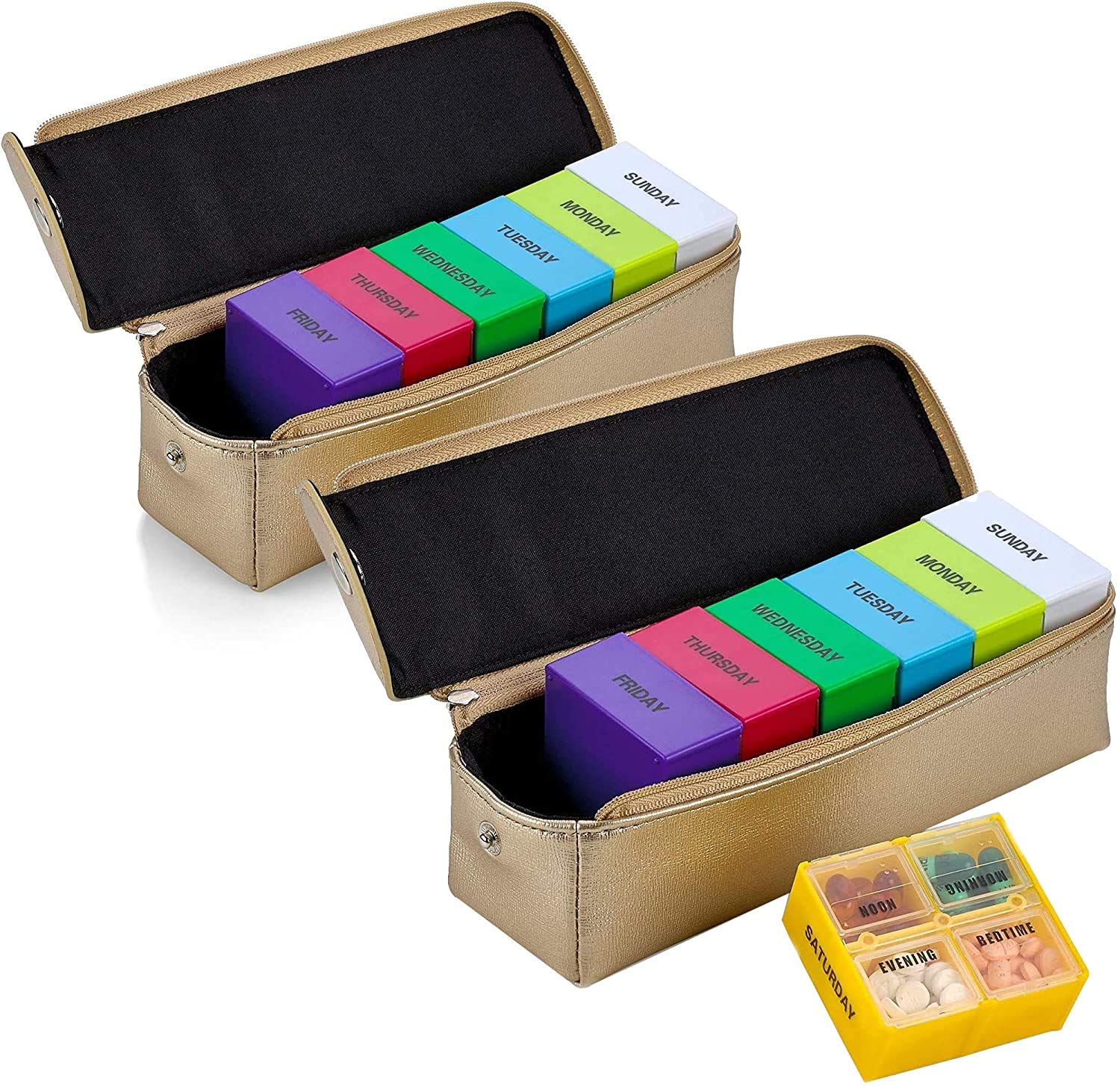 Photo 1 of 2 Pack, Large Weekly Pill Organizer Boxes in Gold Leather Case - 7 Day Week Pill Planner Organizers & Medication Reminder with 4 Times a Day - Daily Compartments That is Ideal for Travel