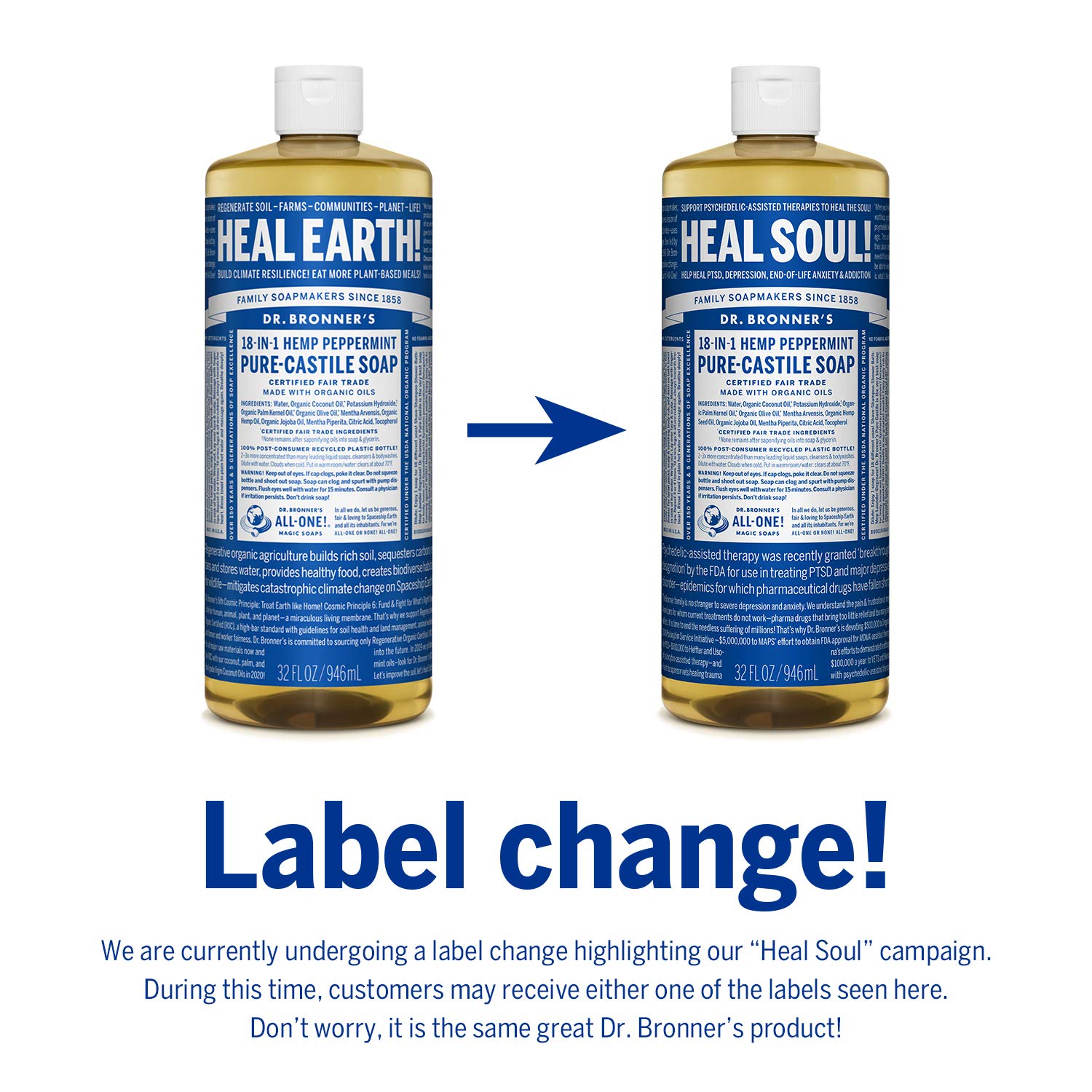 Dr. Bronner’s - Pure-Castile Liquid Soap (Peppermint, 32 ounce, 2-Pack) - Made with Organic Oils, 18-in-1 Uses: Face, Body, Hair, Laundry, Pets and Dishes, Concentrated, Vegan, Non-GMO : Bath Soaps : Beauty