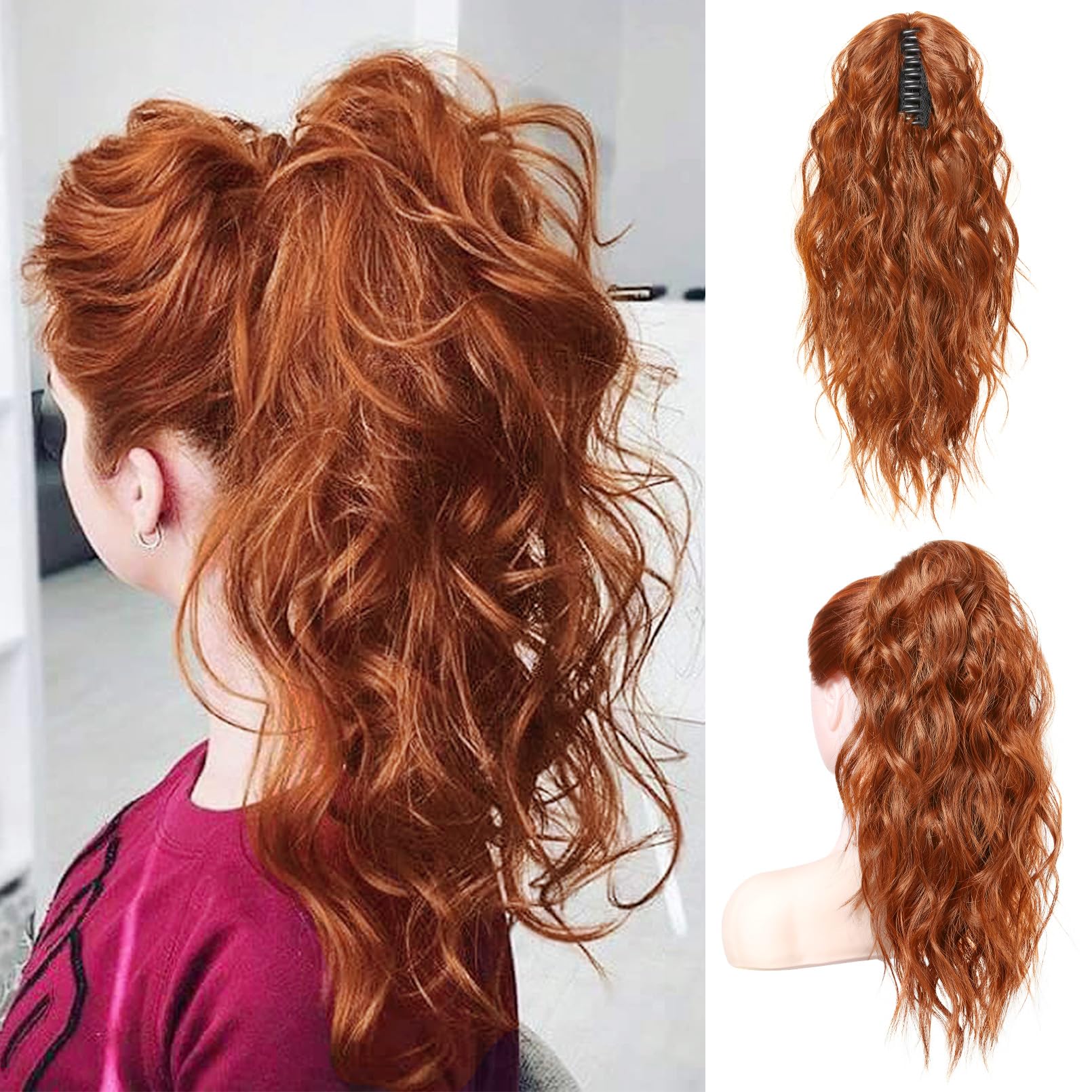 FLUFYMOOZ Ponytail Extension, 18 Inch Claw Clip Ponytail Extension, Wavy Curly Claw Clip in Ponytail Hair Extensions, Synthetic Hairpiece for Women (Cooper red)
