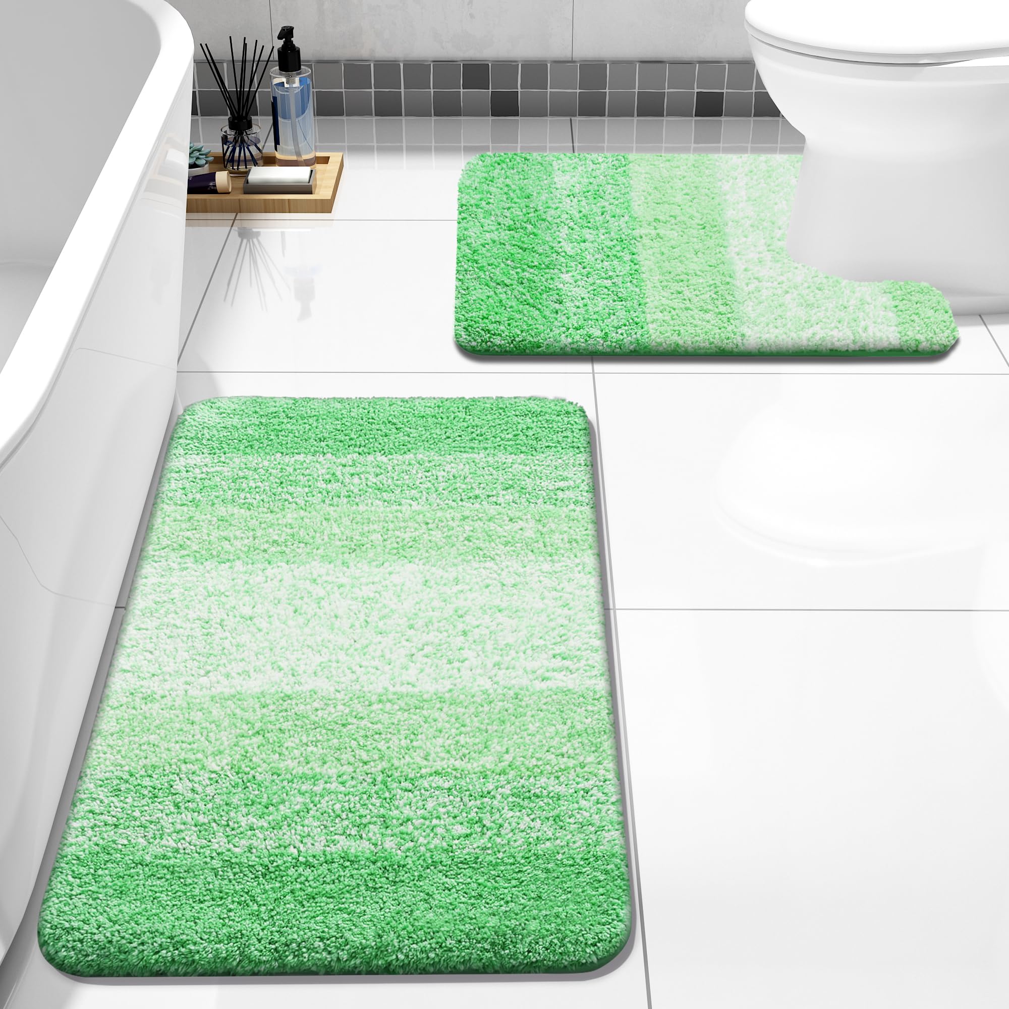 Photo 1 of Arotive Bathroom Rugs Sets 2 Piece, Soft Absorbent Microfiber Bath Mats and U-Shaped Contour Toilet Rug, Non-Slip Machine Washable Dry Bath Mats for Bathroom, 30x20 and 24x20, Green