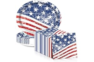 QOUBAI 4th of July Oval Paper Plates 11inch Paper Plate and Napkin, Dish Tray American Flag Supplies Party Decoration Patriotic Supplies for Independence Veterans Labor Day Memorial Day Tableware, 25 Guest
