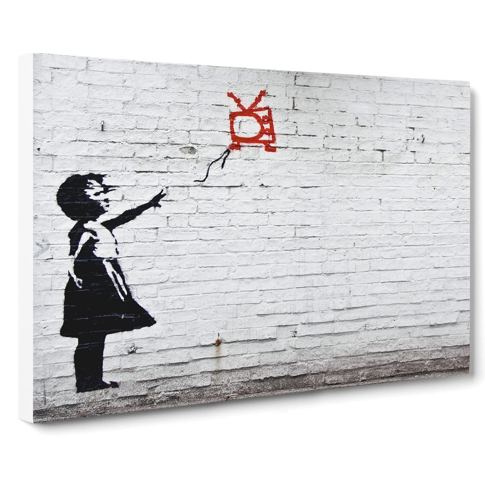 Banksy Girl with Red Balloon TV Graffiti Wall Art Canvas Print | Gallery Wrapped 30mm Frame Wall Decor | 20x14 inches | Ready to Hang | Pop Art People Picture | Living Room Bedroom Lounge Office