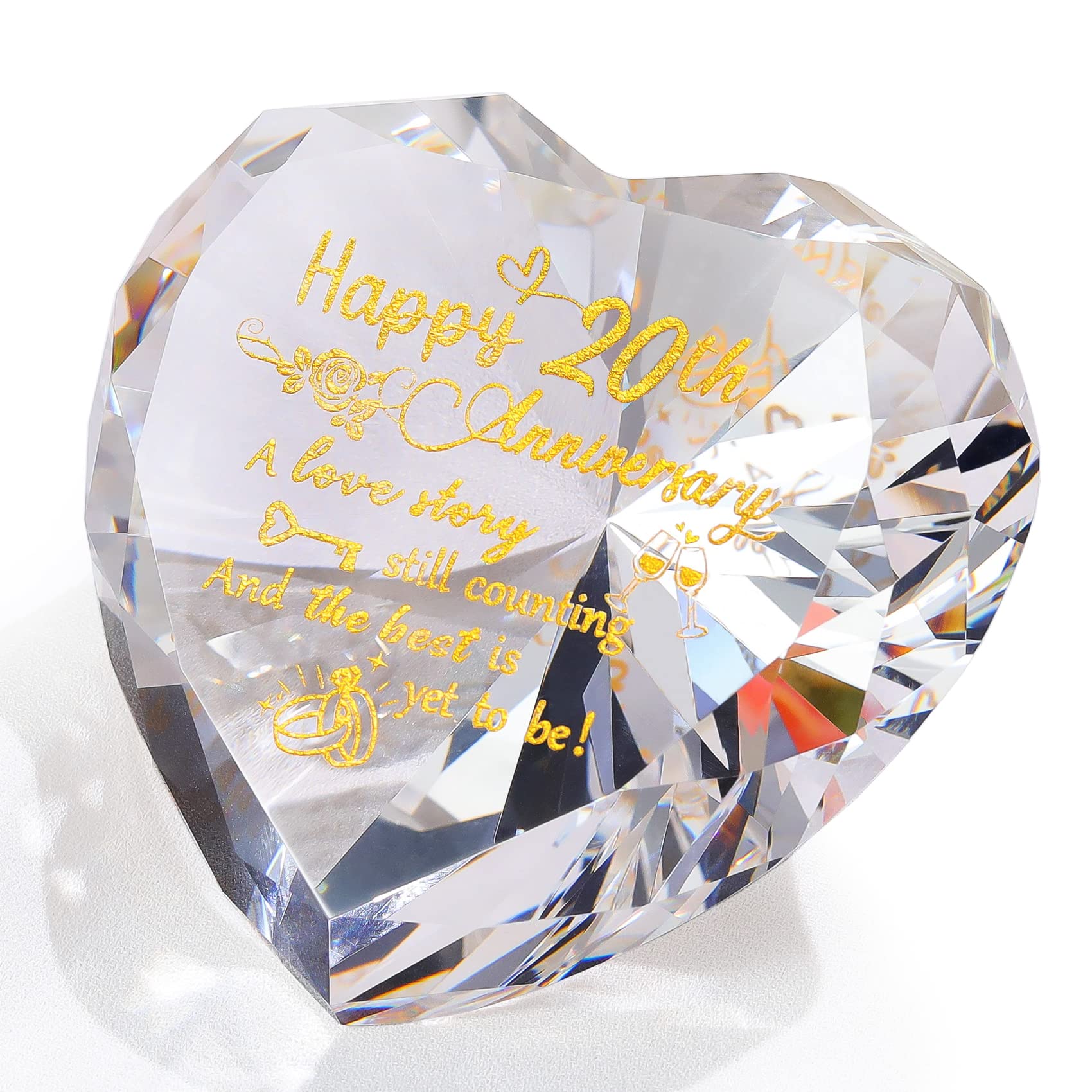 20th Wedding Anniversary Romantic Gifts for Couple Wife Husband, Heart Crystal Diamond Keepsake Etched 20 Years of Marriage Anniversary Presents for Her Him