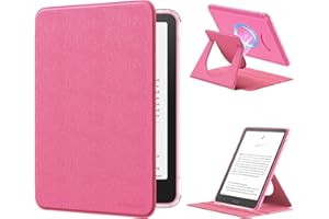 MoKo 360° Rotating Case for 7" Kindle Paperwhite 12th Generation 2024 & Kindle Colorsoft 2024/2025, Clear Back Detachable Magnetic Protective Adjustable Stand Cover with Auto Wake/Sleep, Raspberry